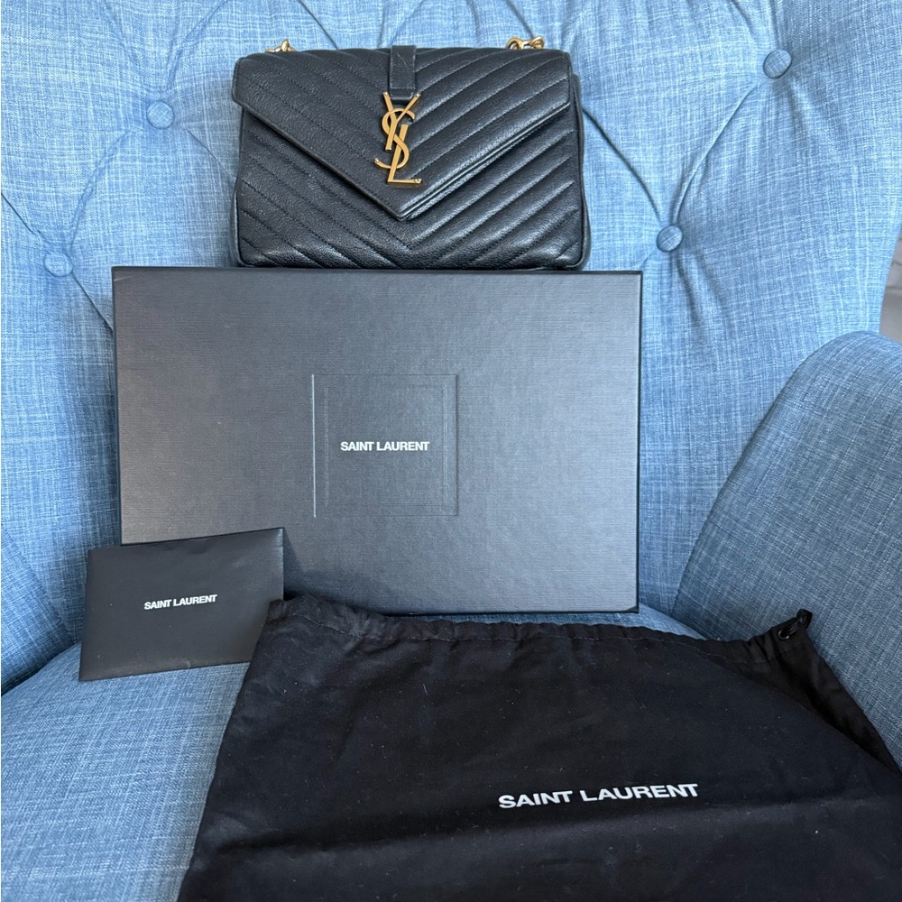 Saint Laurent Medium College Bag Black Chevron YSL Chain Shoulder Authentic - Picture 16 of 17